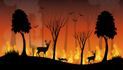 Vector of fire in the forest with no distant buildings in the city center. Dense trees and fire and lava in mountainous climate zone. A drawing of a deer standing alone in the middle of the burning bush. Wild and endangered animals due to fire. Trees and deer black silhouette illustration. The destruction of the forest and nature, the disappearance of the concept of wild and natural life. Fire lit by humans. animal life is threatened. Turkey , antalya, mugla, bodrum, fire in the provinces, Forest fire concept.